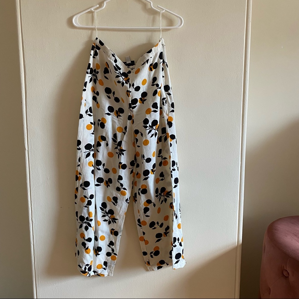 Topshop Wide Leg Pants - Cream with Orange Fruit Print - UK 10 US 6